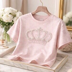 Unbranded Cropped T-Shirt Womens M Light Pink Beaded Pearl Crown Graphic